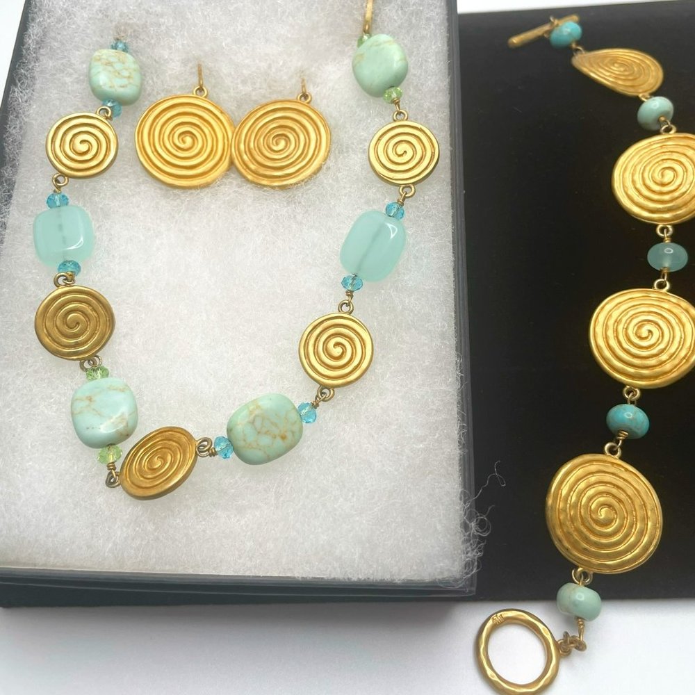 Gold and pastel turquoise stones set, princess necklace, bracelet and earrings